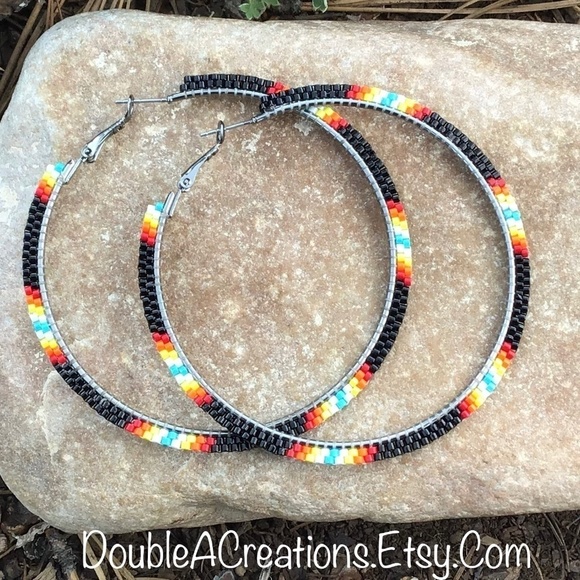DoubleACreations Jewelry - 𝅺BLACK with Native Colors Beaded Hoops